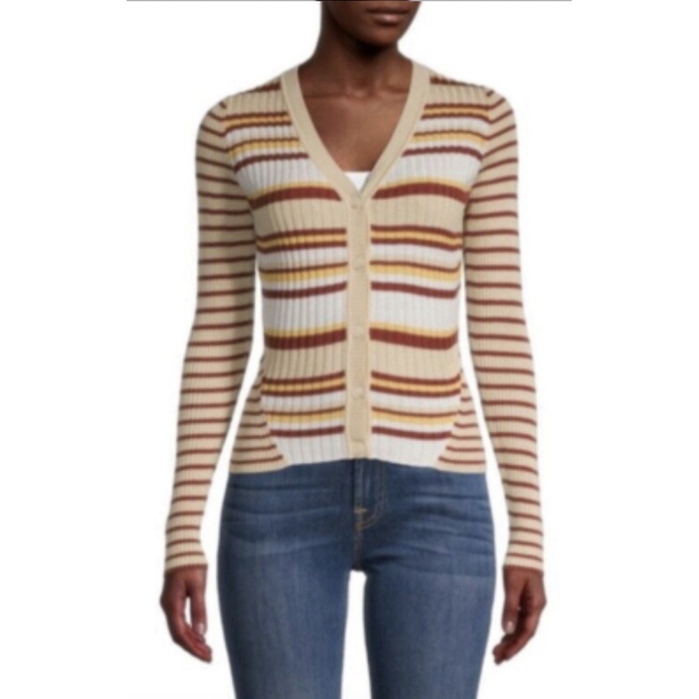 NAADAM Striped Ribbed Silk Cashmere Cardigan Sweater Sz M 70s Retro Earth Tone